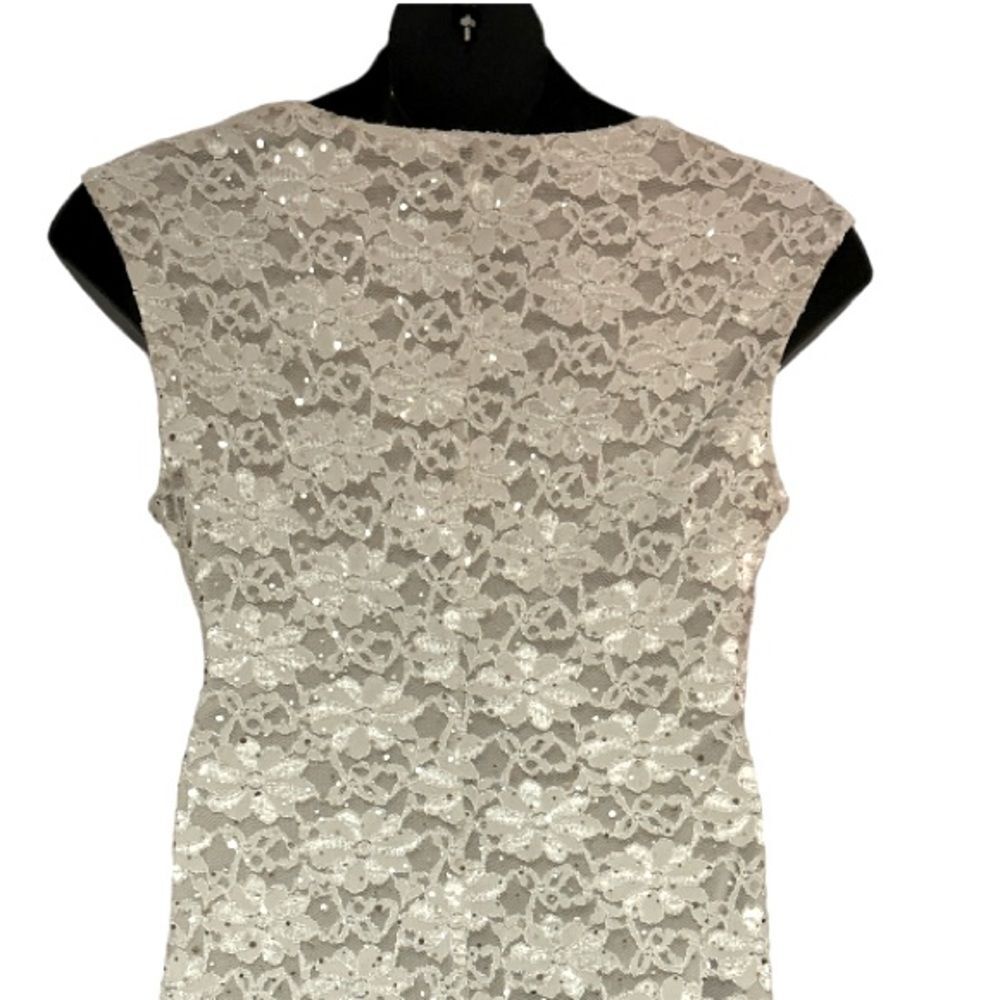 Connected Lace Sequin Side Pleat Ivory Knee Length Sheath Night Out Party Dress - Picture 14 of 16